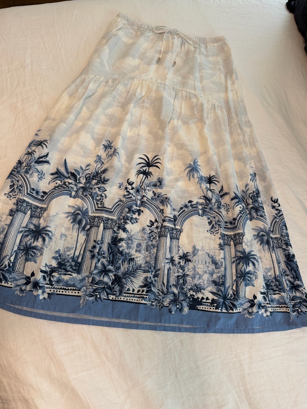 Rachel Zoe White Maxi Skirt with Blue Scenic Border Print